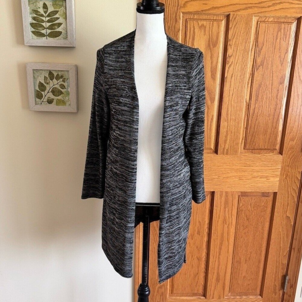 AB Studio Cardigan Sweater Jacket Womens Size L Marled Black Gray Belted
